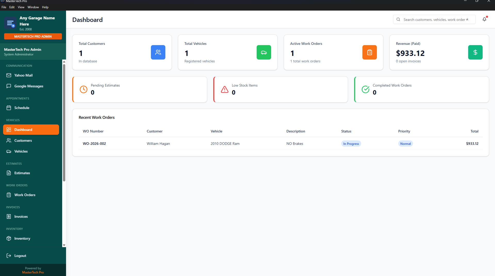 Dashboard overview with shop metrics and quick actions