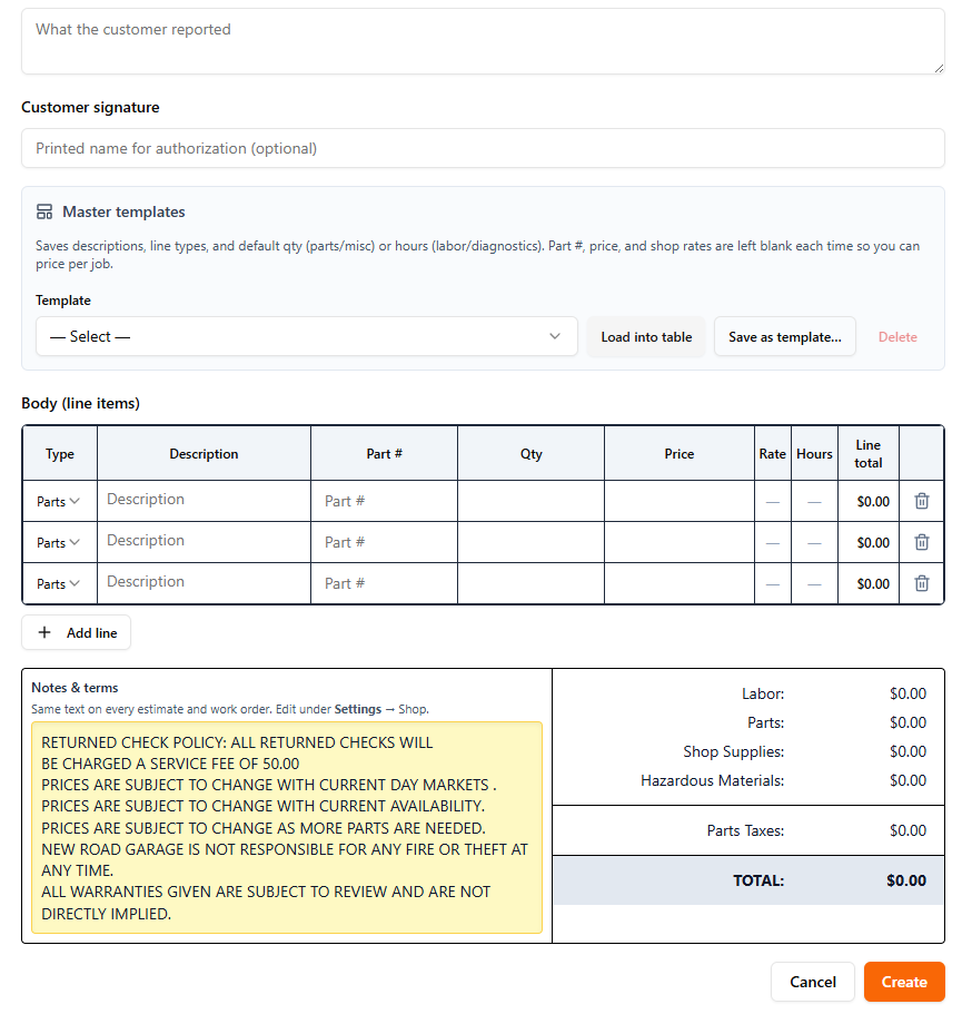 Alternate work order screen with line items
