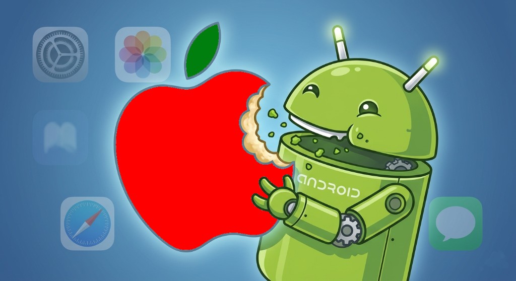 Illustration: Android mascot taking a playful bite from a large Apple logo, with faded iOS-style app icons in the background—representing Android and iOS mobile development.