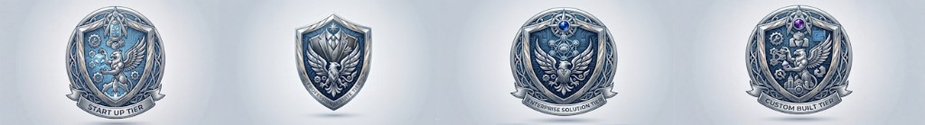 Service tier emblems: Start up tier, Professional suite tier, Enterprise solution tier, and Custom built tier.