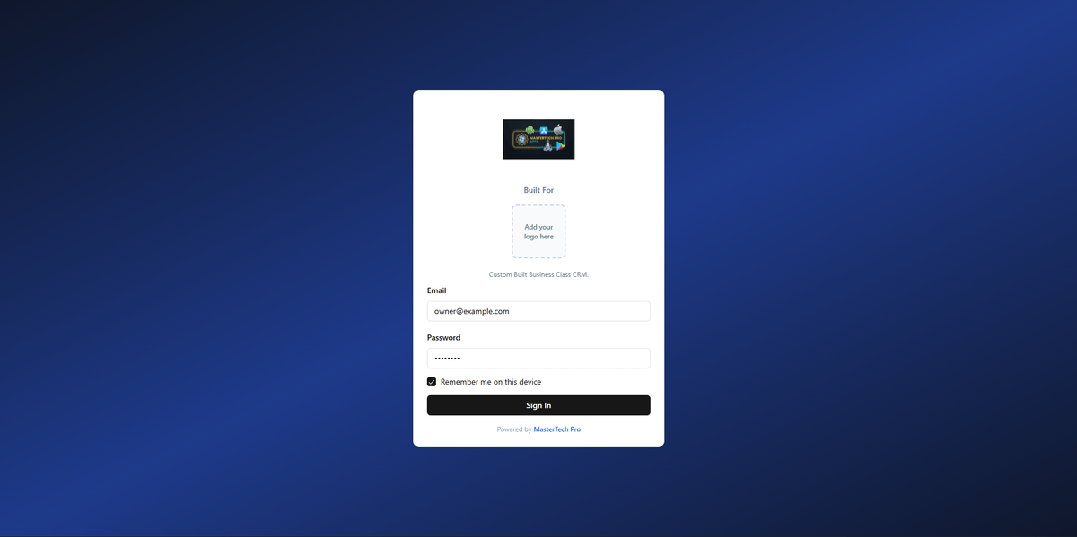 MasterTech Pro Towing CRM — login screen